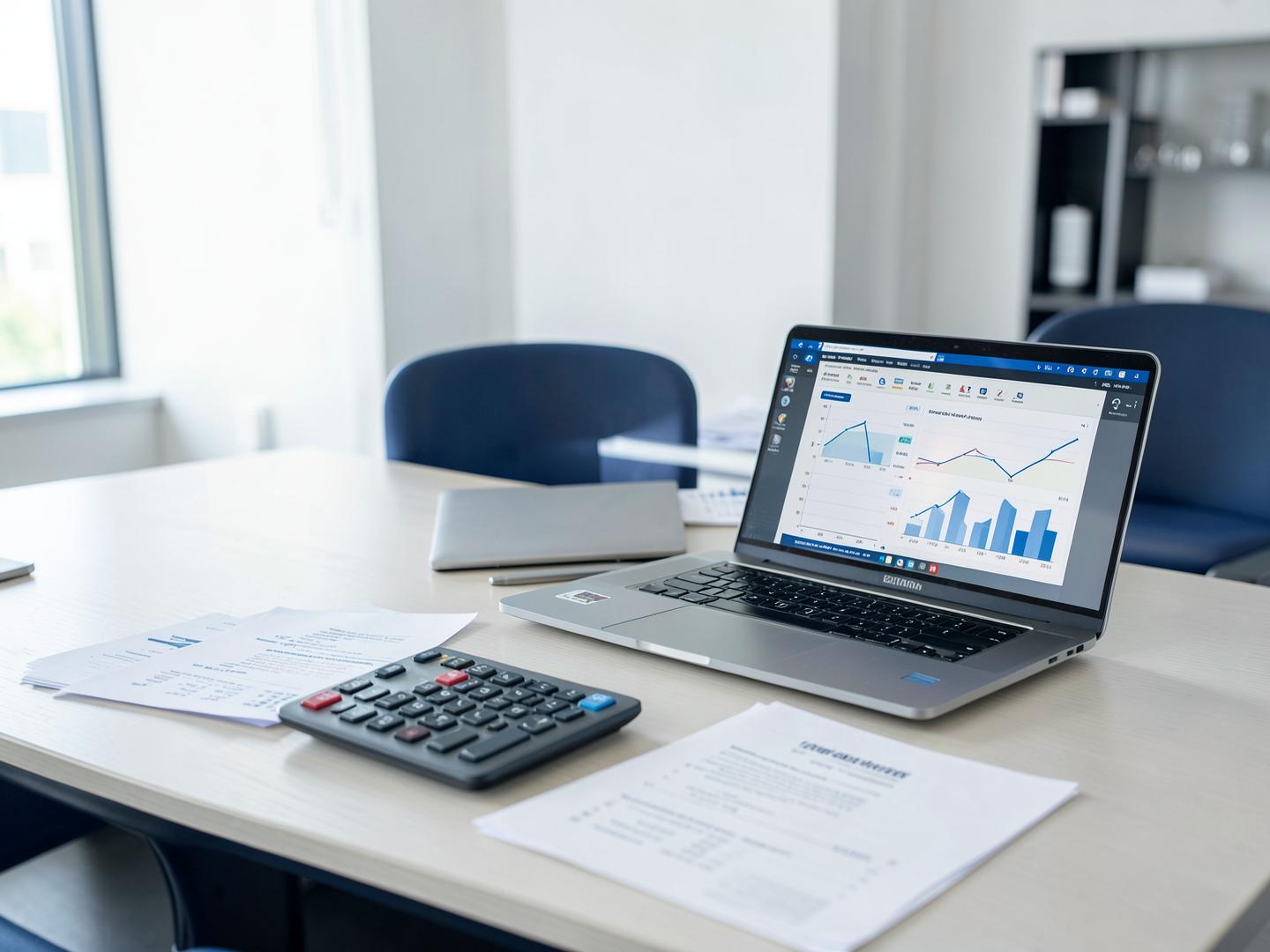 Escritório de contabilidade com relatórios financeiros e calculadora